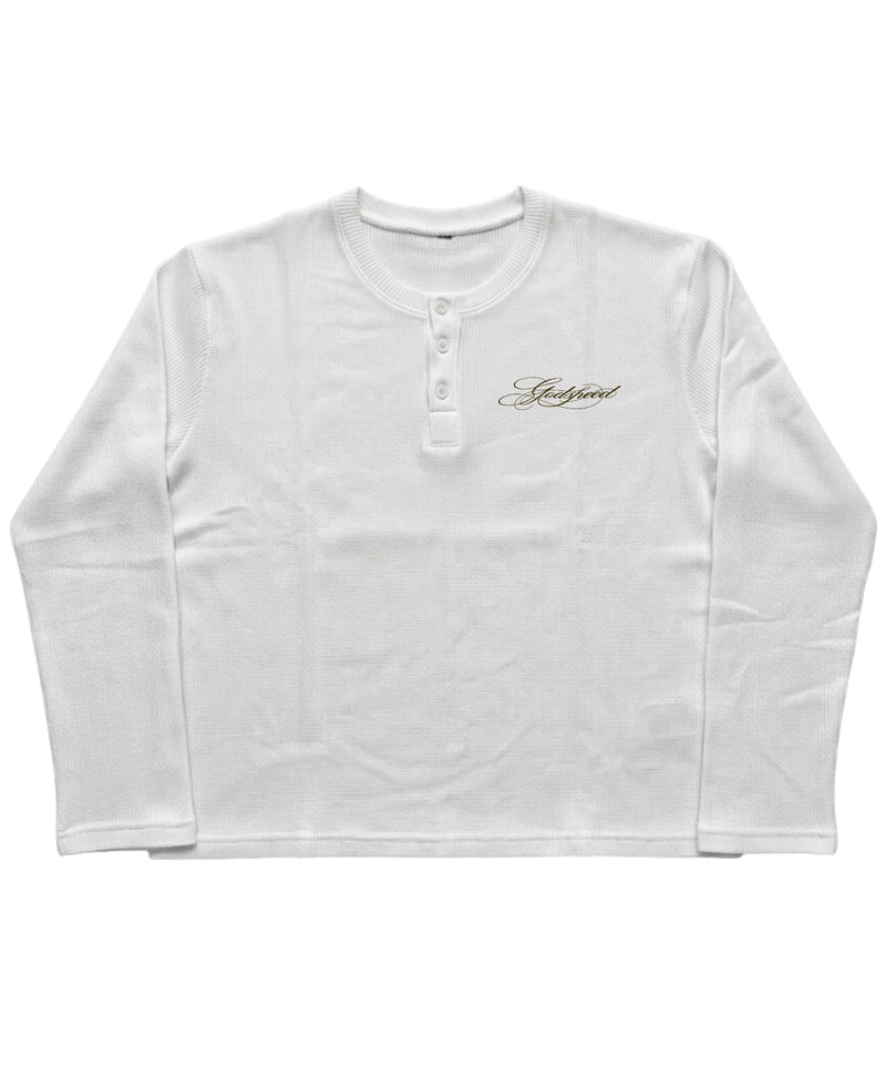 White Henley waffle knit Front Design